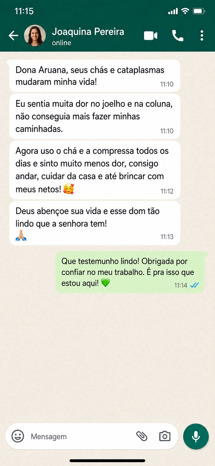 Mensagem enviada por Joaquina Pereira no WhatsApp
